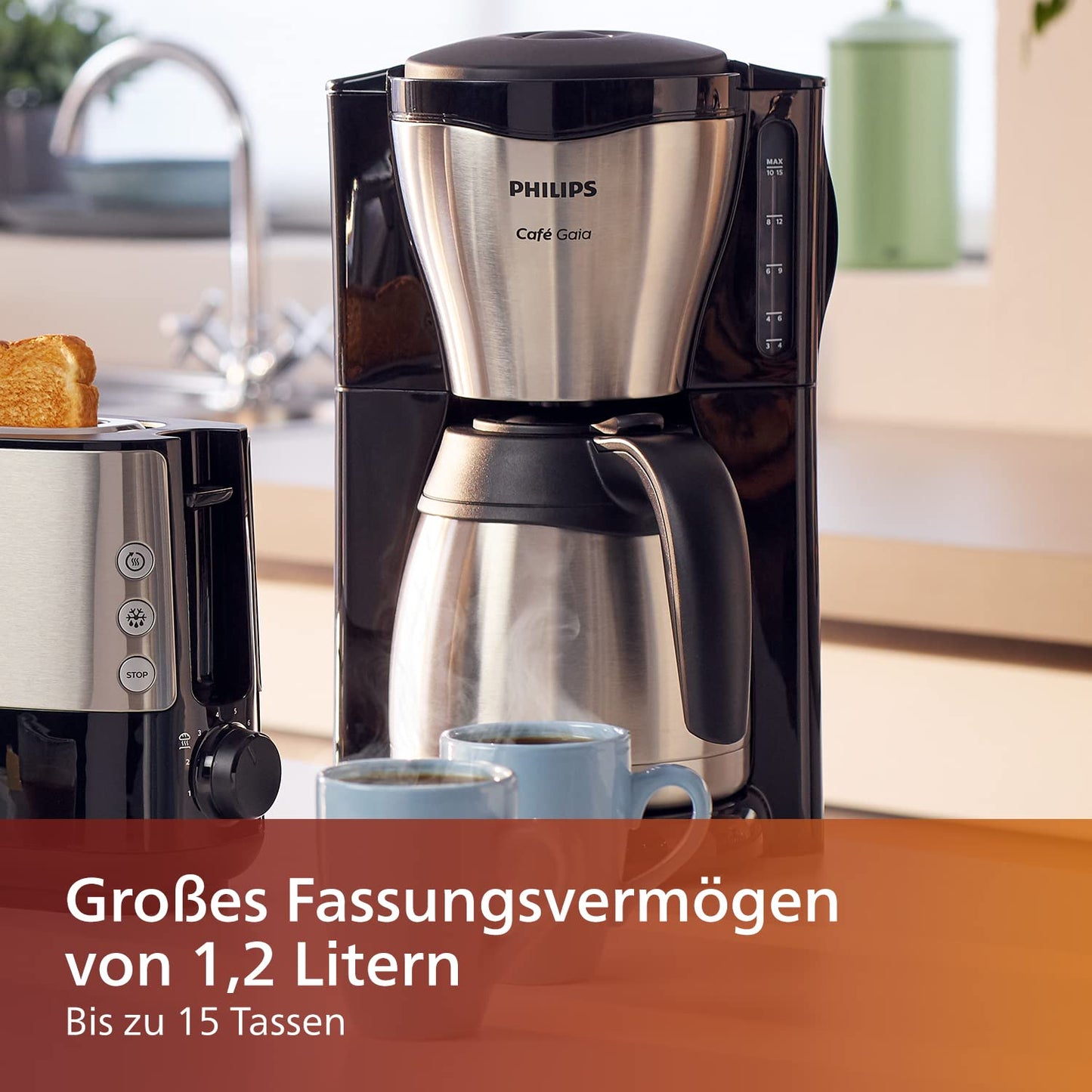 Philips Filterkaffeemaschine mit Edelstahl-Thermoskanne, 1,3L, Schwarz